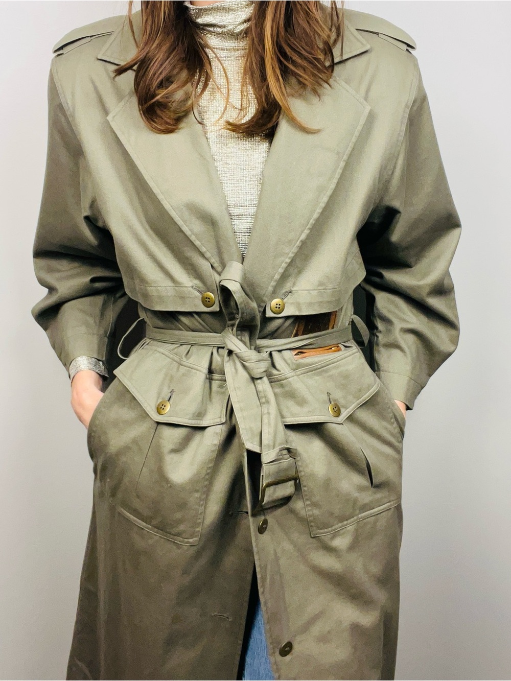 Vintage Together Military-Style Trench Coat – 100% Cotton –Khaki Green–Large